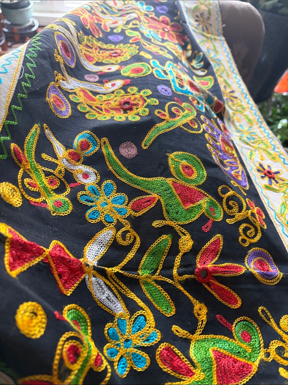 Hand Embroidered Black Floral wall cover or table cover. - Multicolor Detail